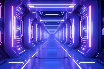 A realistic sci-fi tunnel with neon glowing lights, resembling an alien corridor or a warehouse showroom, all rendered in 3D. Generative AI