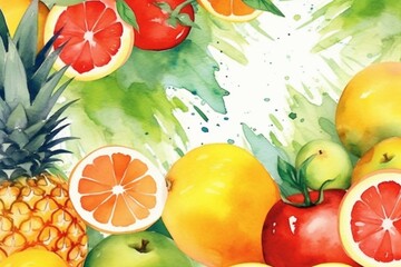 Summer background with tropical fruits watercolor illustration. Generative AI