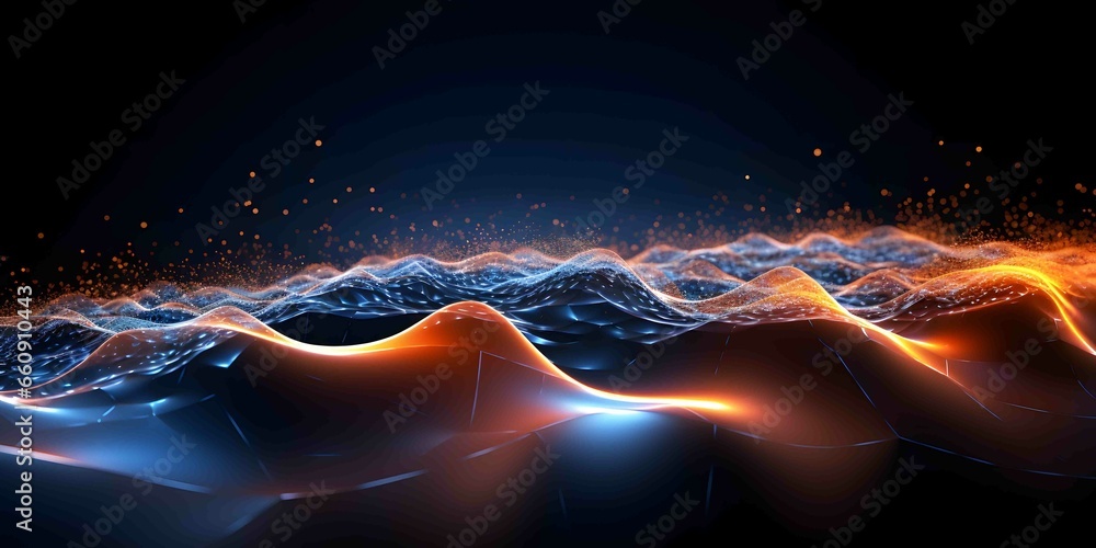 Poster technology background with connected dots on 3d wave landscape. data science, particles, digital wor
