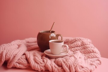 A cozy composition featuring a cup of coffee and a knitted sweater on a pink background. Perfect for a comforting home atmosphere. Generative AI