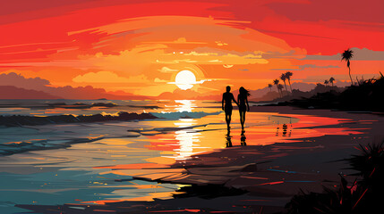 Fototapeta premium Vacation - A Couple Walking On A Beach At Sunset