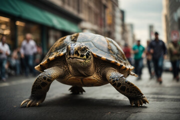 Turtle running extremely fast on busy city street