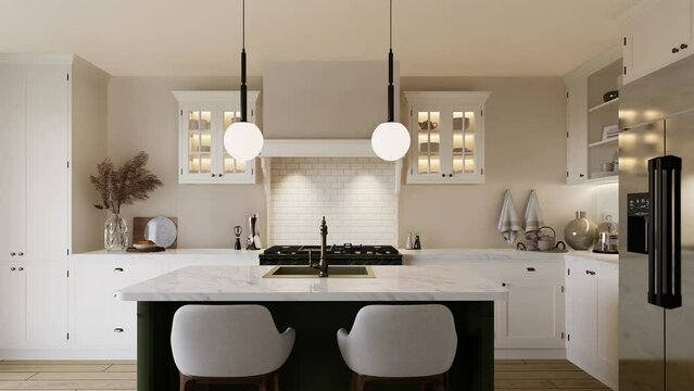 Bright kitchen in warm colors with a green island. 