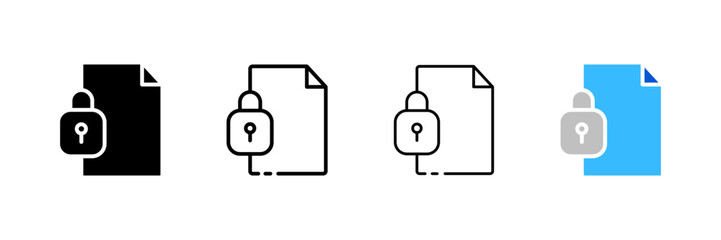 Document protected icon. Different styles, lock on document, file security. Vector icons