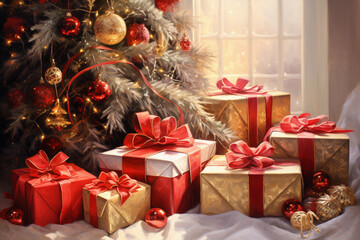 Naklejka na ściany i meble decorated christmas tree and gift boxes with stars and confettti