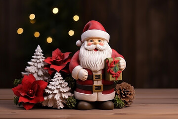 Santa Claus toy with christmas tree background.