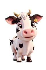 3d cartoon farm animal cow, 3D cartoon animal toy character isolated on transparent png 