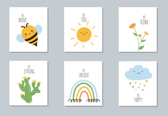 Cute Nursery Vector Art with Smiling Sun, Fluffy Cloud and Colorful Rain of Hearts, cute bee and rainbow. Motivational text. Baby Shower Print ideal for Card, Wall Art, Poster, Kids Room Decoration.