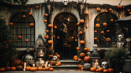 Halloween decorations with pumpkins in front of a haunted house. generativa IA