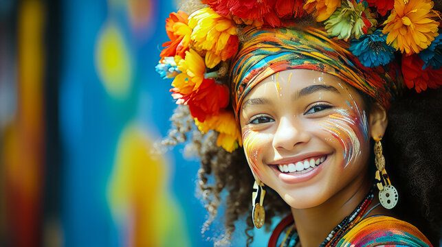 Inspiring young girl in traditional Latin attire displays strength in vibrantly colorful favela mural backdrop.
