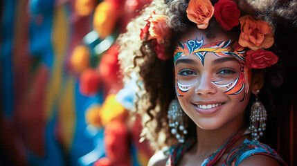 Obraz premium Inspiring gaze of a resilient girl from a Latin American favela in vibrant traditional dress against a lively mural.