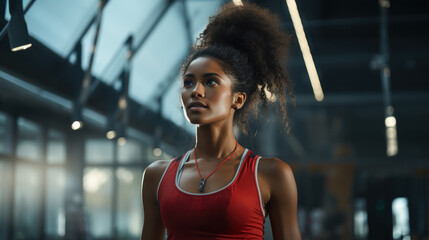 Purposeful young African American woman athlete In the gym in vibrant red sportswear. Her curly hair adds to her distinctive style as she gazes dreamily, aspiring to participate in the Olympic Games.