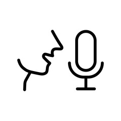 Speak on the microphone icon. Outline, talking man, talking on microphone, microphone on. Vector icon