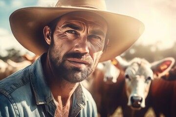 Australian man cattle portrait. Agriculture herd animal farm industry. Generate Ai - obrazy, fototapety, plakaty