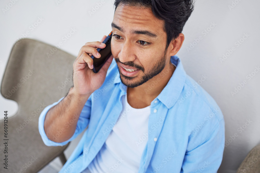 Poster phone call, waiting and man in the office for hiring meeting with human resources for recruitment. d