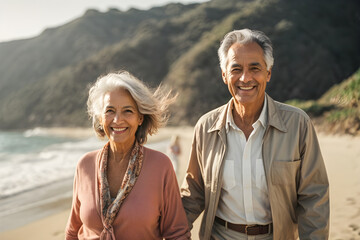 Retirement man and his wife walking beach and smile