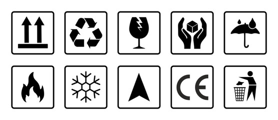 Common packaging & warning symbol set. Black & white flat style icons with frame & outline. Isolated on transparent. Fragile, recycle, Handle with care, This side up, Indoor use only.