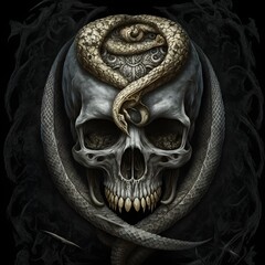 superb skull design with a snake surrounded around it the mouth of the snake wide open comes out through one of the eye sockets of the skull 