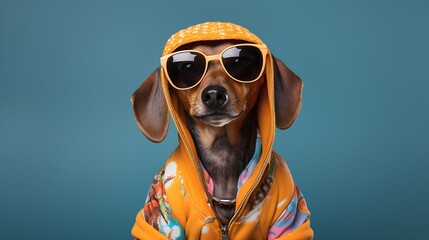 Dog in suit. Pet is dressed up in humorous, stylish suit complete with a tie for intellectual look. Trendy dog clothing for Funny humor. Dog with glasses and colorful costume. - obrazy, fototapety, plakaty
