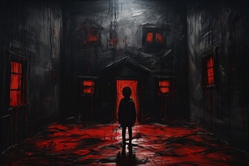 Red and black grunge painting of a child standing in front of a haunted house - obrazy, fototapety, plakaty