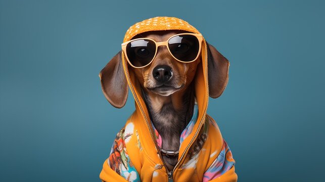 Dog in suit. Pet is dressed up in humorous, stylish suit complete with a tie for intellectual look. Trendy dog clothing for Funny humor. Dog with glasses and colorful costume.