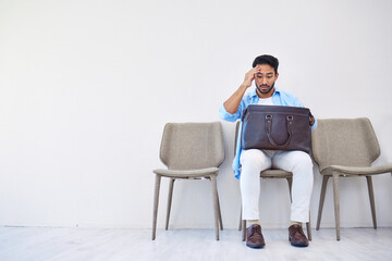 Bag, stress and man search in waiting room for interview, hiring and recruitment with lost resume in briefcase. Problem, finding and person forget laptop or keys by mistake, frustration and worried - obrazy, fototapety, plakaty