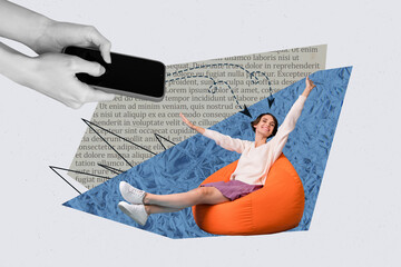 Photo collage picture of smiling cheerful girl sitting bean bag chatting writing sms letter...
