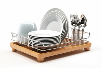 A cutlery set and utensils for kitchen, in the dishes stand, isolated on a white background