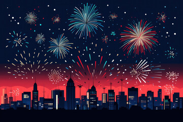 Fototapeta premium Colorful holiday art piece - a flat style fireworks illustration designed for creative celebration concepts. It's the perfect backdrop for parties and events.