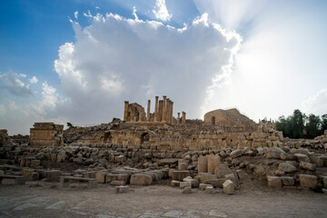 Temple in the Ancient Roman city of Gerasa, modern Jerash, Jordan.Old columns of ancient buildings...