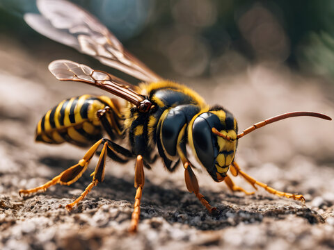 close up of a wasp on the ground