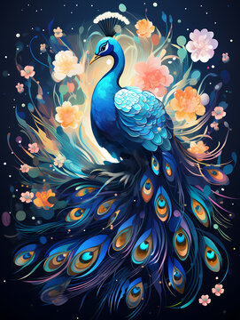 A Blue Peacock With Flowers