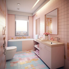 Fototapeta na wymiar Modern interior design of children's bathroom. Bathroom interior in pink and blue colors. Bathroom design in pastel colors for girls. Pink bathroom interior with bathtub and mirror. AI generated