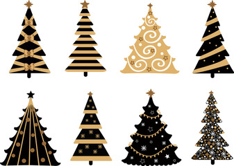 Collection of Christmas trees, decorations, holiday gifts. Set of colorful vector illustrations in flat style, EPS 10.