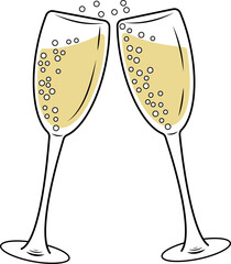 Merry Christmas and Happy New Year. Two sparkling glasses of champagne. Vector illustration of two design elements, eps 10
