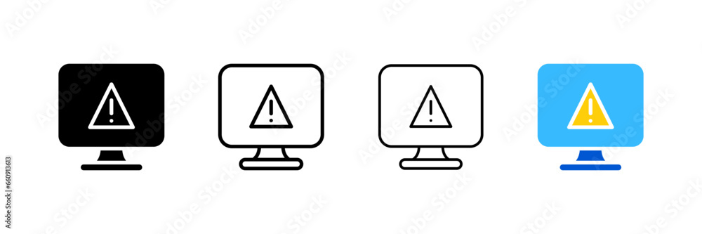 Poster warning label on the screen. different styles, triangle on screen, warning sign. vector icons