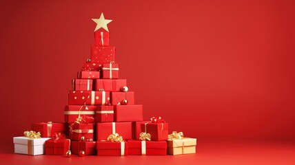 Christmas gift boxes laid out in the shape of a Christmas tree on a red background with copy space. many New Year's gifts place for text AI - obrazy, fototapety, plakaty