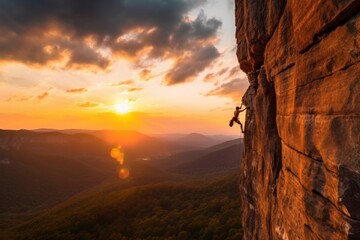 Photo of rock climbing with natural background and sunset - obrazy, fototapety, plakaty