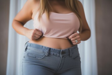 Photo of Woman checking her old pants after losing weight - obrazy, fototapety, plakaty