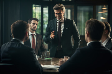 Group of middle aged male business people on meeting in boardroom. Discussing about new investing ideas. - obrazy, fototapety, plakaty