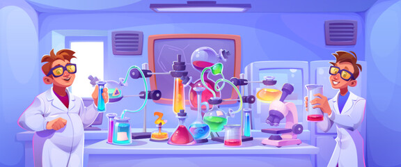 Boy in science chemistry lab for experiment cartoon vector background. Beaker, microscope and glass tube equipment on classroom table. Student character in university laboratory for invention potion - obrazy, fototapety, plakaty
