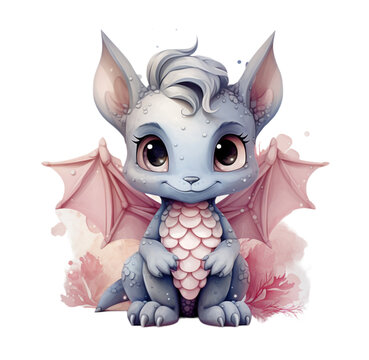Watercolor cute dragon illustration. Generative AI, png image