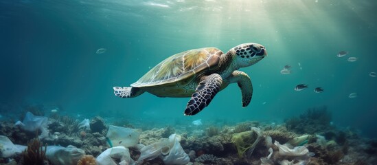 Sea pollution impacts marine environment visible in photo of turtle swimming amidst plastic waste and debris With copyspace for text - obrazy, fototapety, plakaty