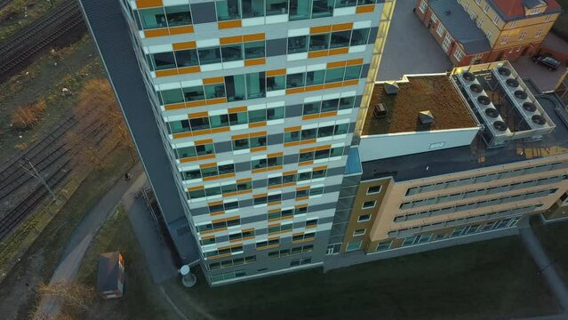 Aerial view of high-rise office building in Linkoping city, Sweden