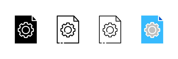 Gear in icon file. Different styles, file settings, gear in a file, document settings. Vector icons