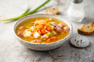 Traditional pea soup with ham and vegetables - obrazy, fototapety, plakaty
