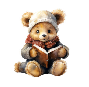 Watercolor bear with book illustration. Generative AI, png image