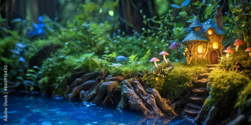 Wall mural a small fairy tale house in dark fantasy forest, illuminated miniature woodland cottage made by gnom