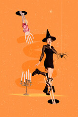 Vertical creative collage of funny young girl costume witch panic scary halloween spooky zombie...