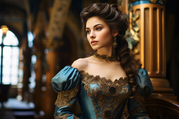 Medieval princess in a magnificent dress in a castle
